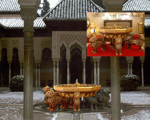 Replicas photomontage in brass and glass of the fountain of Patio de los Leones of the Alhambra.